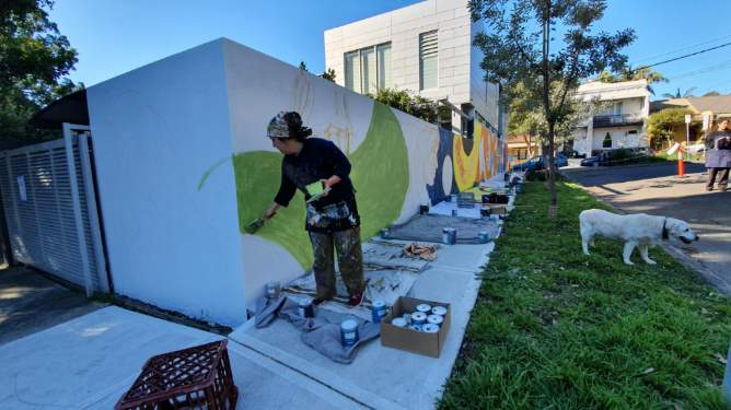 Wendy Sharpe mural early stages